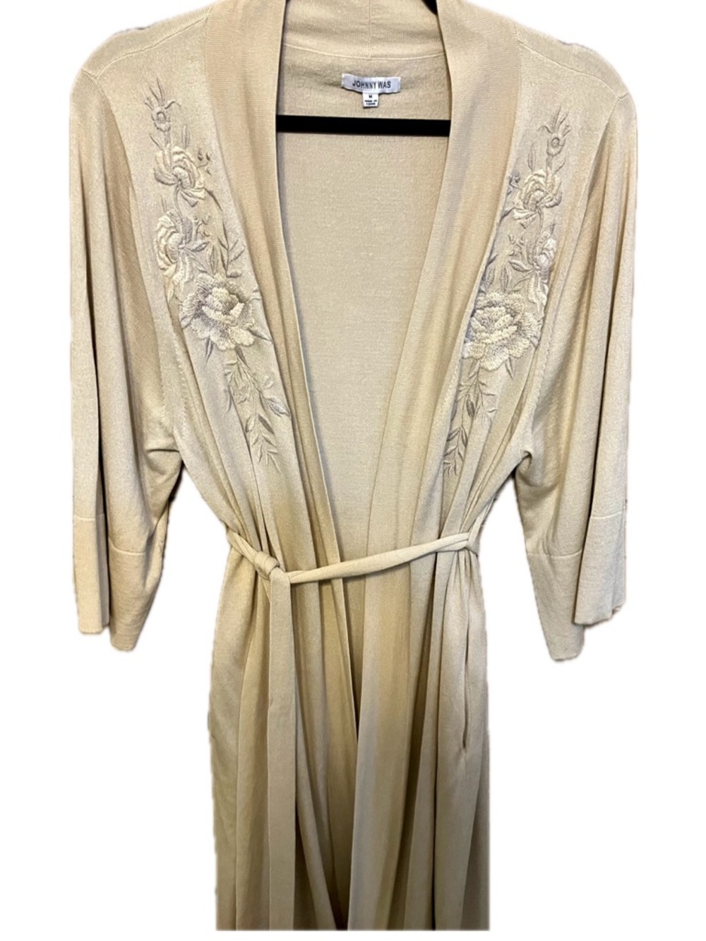 Johnny Was Embroidered Champagne-Beige Silk & Cashmere Robe